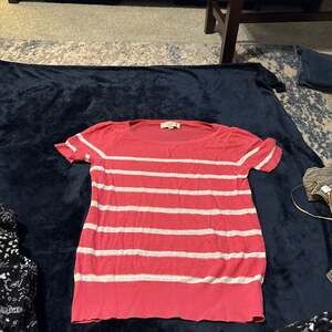 Ann Taylor LOFT Pink and White Striped Short Sleeve T-Shirt